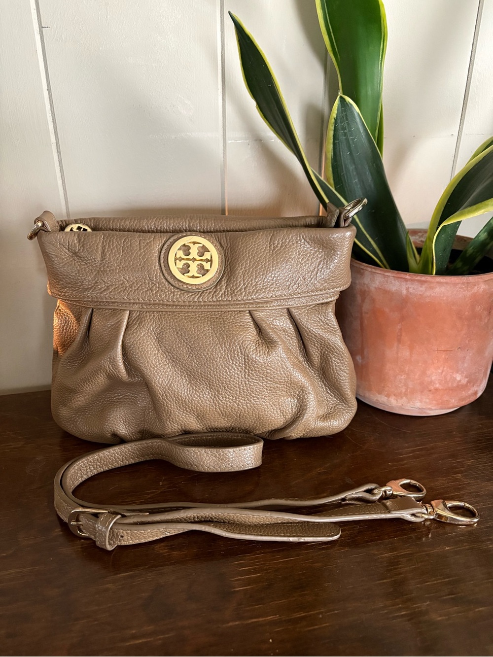 Tory Burch Taupe Pebbled Leather Convertible Crossbody